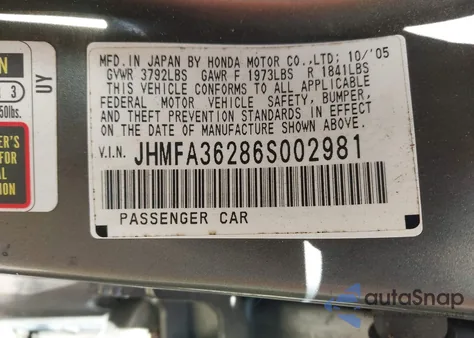 2006 Honda Civic Hybrid from USA, damaged, VIN JHMFA36286S002981